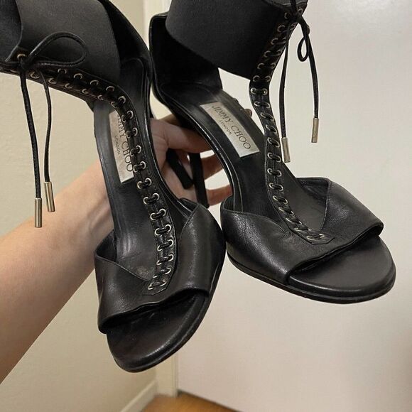 JIMMY CHOO black leather lace eyelet ankle strap stiletto heels size EU 38.5 - Picture 6 of 7